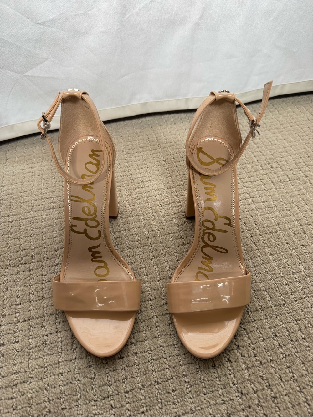 Sam Edelman Nude Patent Ankle-Strap Block Heel Sandals